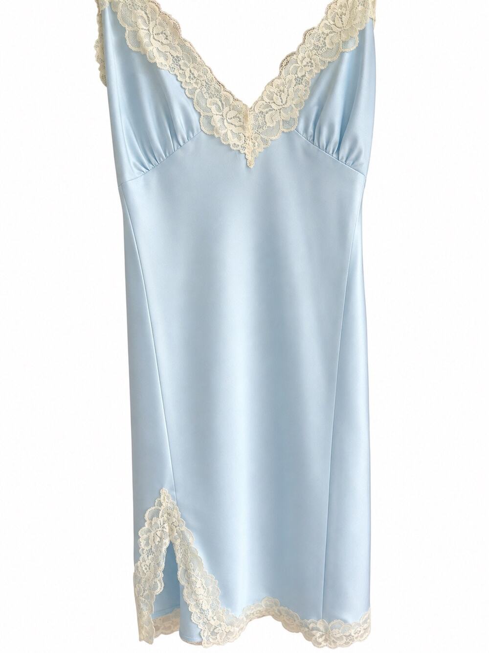 NEW Light Blue Satin Lace Trim Slip Nightgown Lingerie Size L